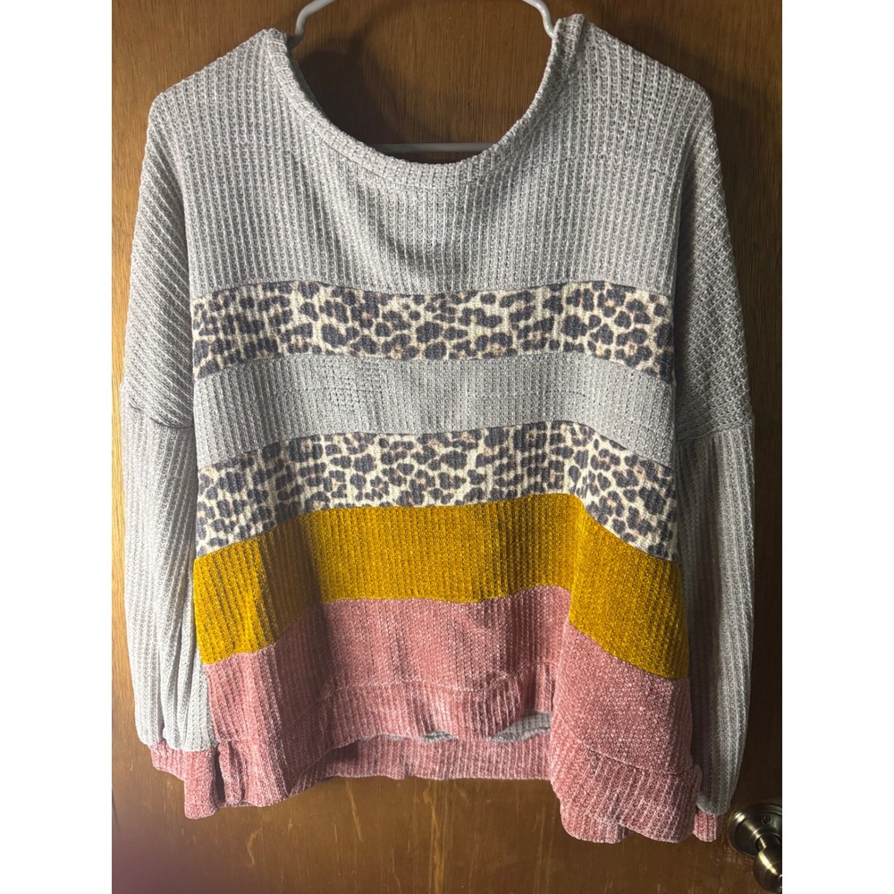 Lovely Melody Leopard Colorblock Waffle Knit Sweater Grey Pink Mustard Medium